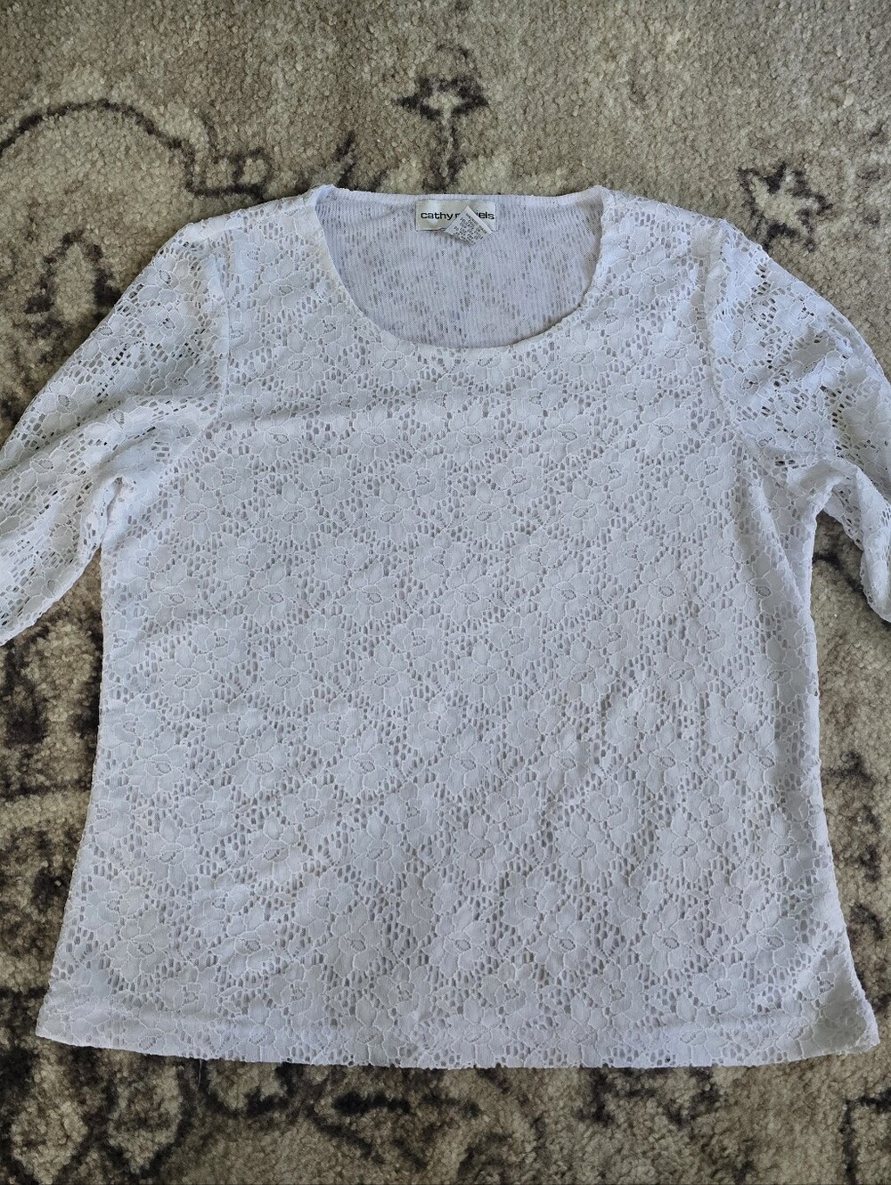Cathy Daniels White Floral Lace Scoop Neck Long Sleeve Top